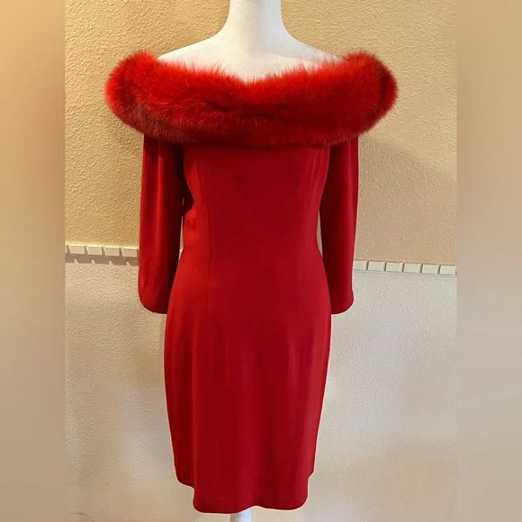 Vintage off-shoulder cocktail dress w/ fur trim. Fitted, lined, midi. Red. 10 - Picture 3 of 16